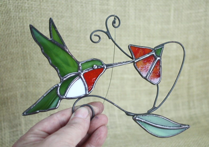 Hummingbird Stained Glass, Stained Glass Bird, Ruby-throated Hummingbird, Bird Sun Catcher, Glass Art, Wildlife Art, Bird Lovers Gift image 3