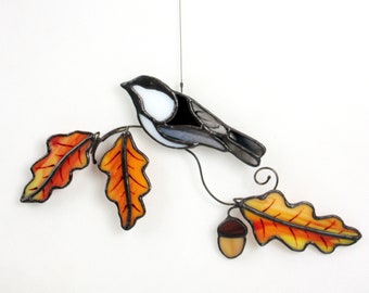 Chickadee Stained Glass Suncatcher With Oak Leaves and Acorn, Stained Glass Bird, Glass Art, Wildlife Art, Bird Lovers Gift