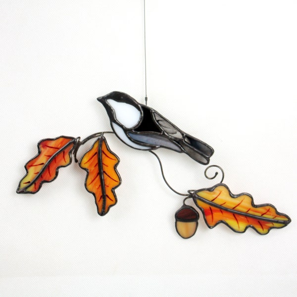 Chickadee Stained Glass Suncatcher With Oak Leaves and Acorn, Stained Glass Bird, Glass Art, Wildlife Art, Bird Lovers Gift