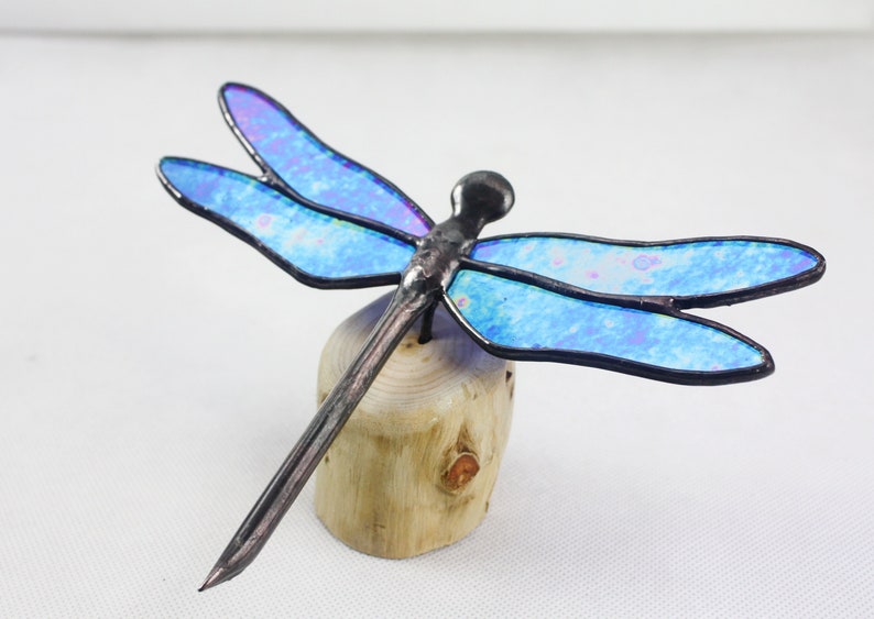 Dragonfly Stained Glass Sculpture, Blue Iridescent on Wood Base, Glass Art, Wildlife Art image 1