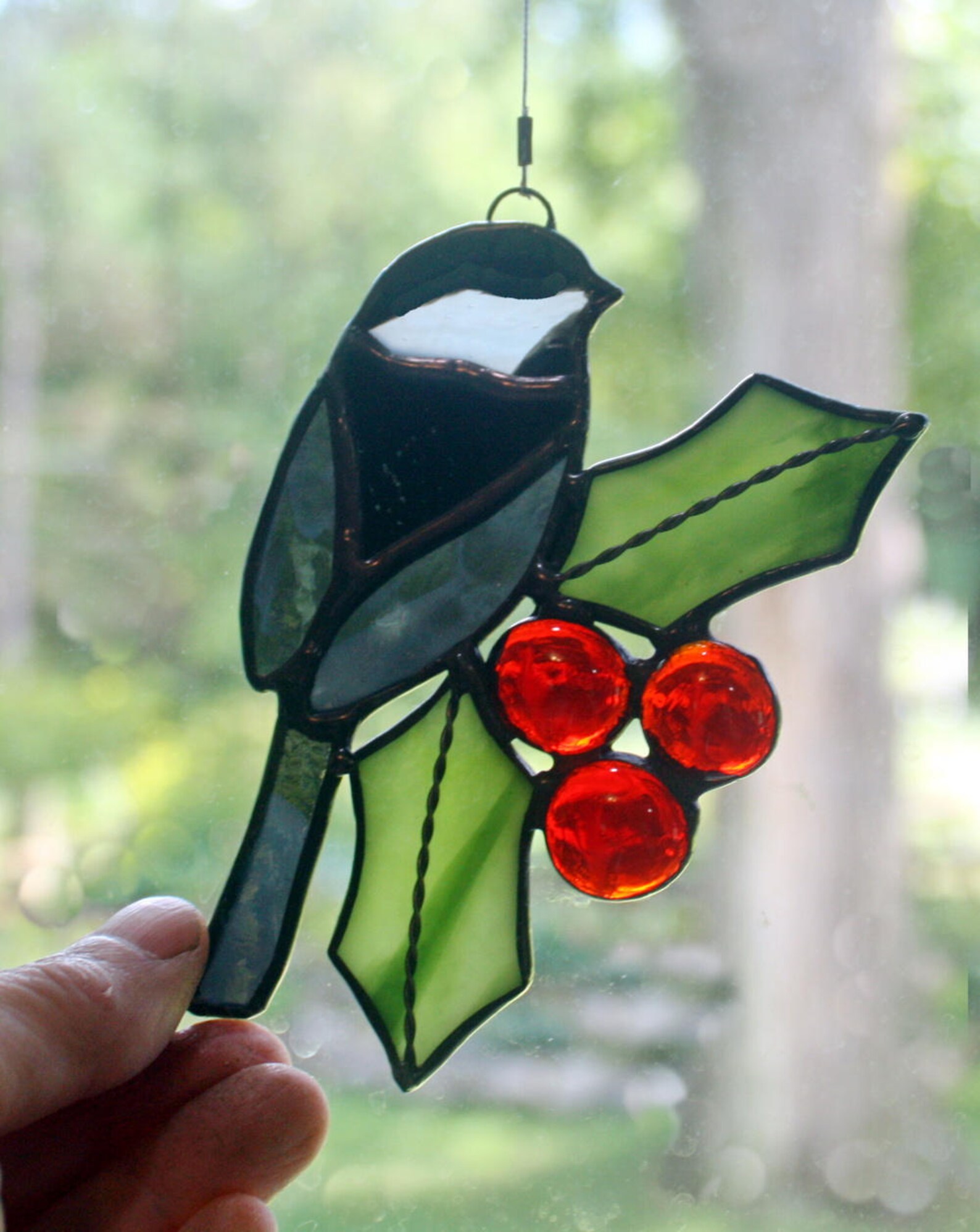 Chickadee With Holly Stained Glass Suncatcher Stained Glass Etsy Canada