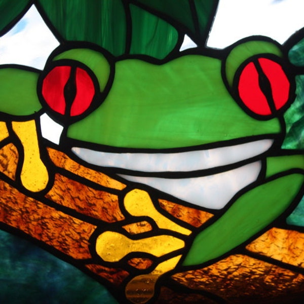 Tree Frog Stained Glass Panel Window Rustic Branch Wood Frame
