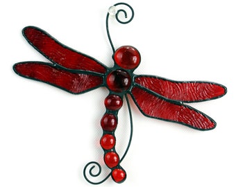 Stained Glass Dragonfly Suncatcher, Red, Glass Art, Wildlife Art