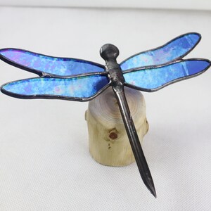 Dragonfly Stained Glass Sculpture, Blue Iridescent on Wood Base, Glass Art, Wildlife Art image 3