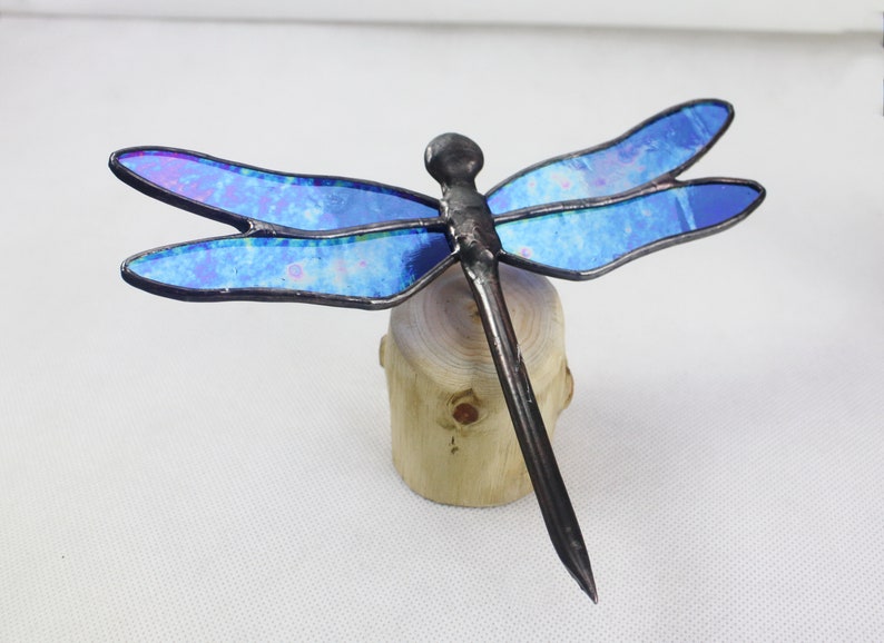 Dragonfly Stained Glass Sculpture, Blue Iridescent on Wood Base, Glass Art, Wildlife Art image 3