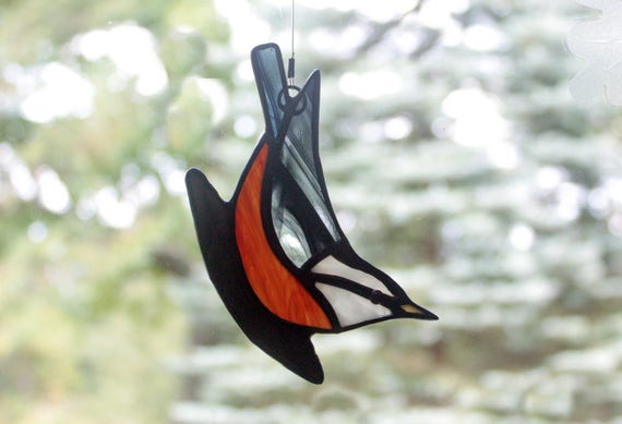 Suncatcher Sitelle à Poitrine Rouge De Vitrail Vitrail Oiseau De Verre Verre Dart Art Animalier Oiseau Amoureux Cadeau