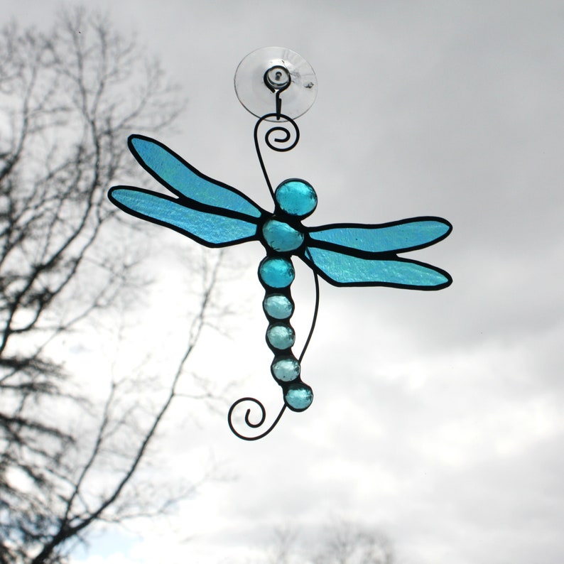 Stained Glass Dragonfly Suncatcher, Aqua Blue Iridescent, Glass Art, Wildlife Art image 4