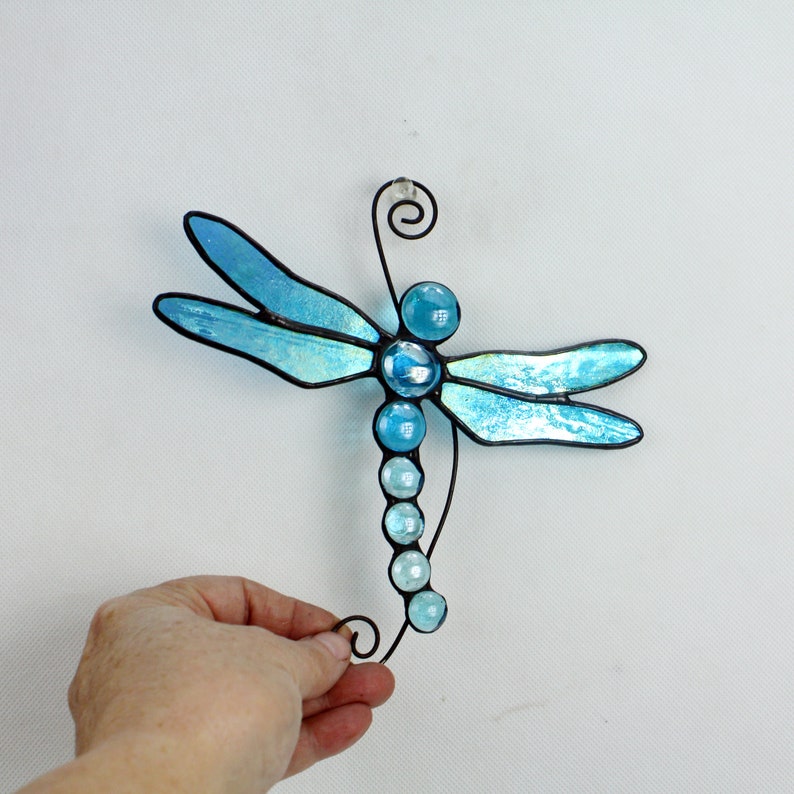 Stained Glass Dragonfly Suncatcher, Aqua Blue Iridescent, Glass Art, Wildlife Art image 2