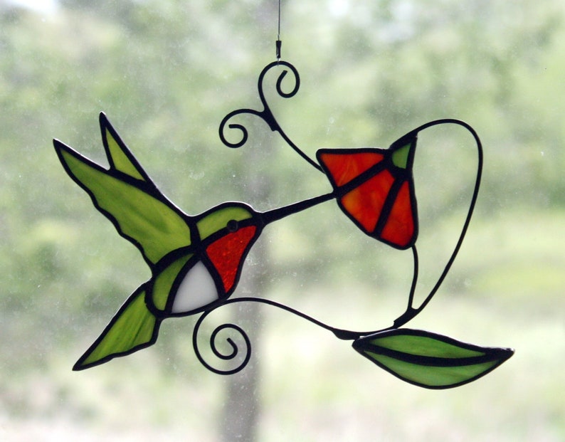 Hummingbird Stained Glass, Stained Glass Bird, Ruby-throated Hummingbird, Bird Sun Catcher, Glass Art, Wildlife Art, Bird Lovers Gift image 1