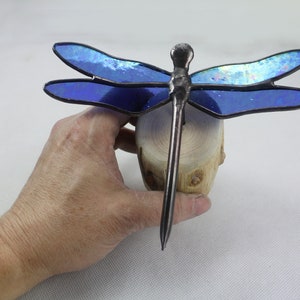 Dragonfly Stained Glass Sculpture, Blue Iridescent on Wood Base, Glass Art, Wildlife Art image 5