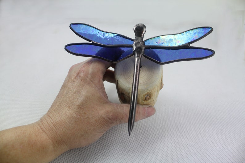 Dragonfly Stained Glass Sculpture, Blue Iridescent on Wood Base, Glass Art, Wildlife Art image 5