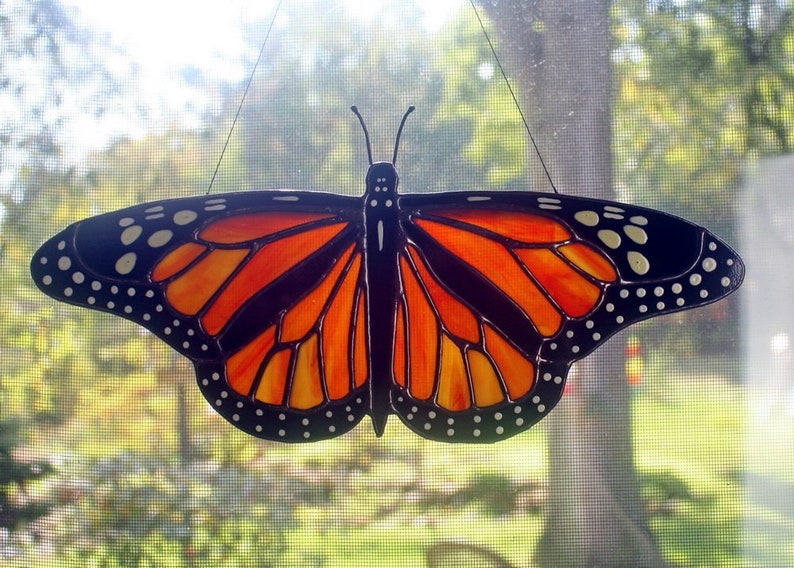 Three Monarch Butterflies Blue Oval Art Glass Panel Wall Window Hanging Suncatcher 14 x 20