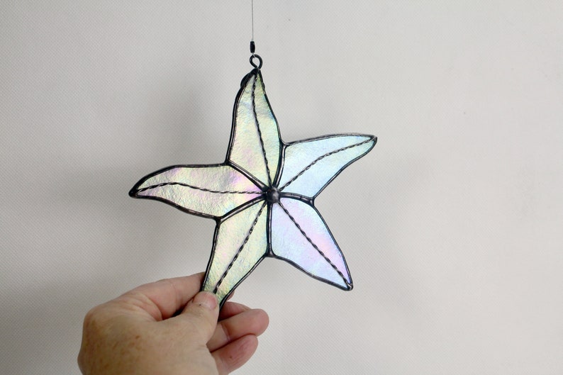 Starfish Stained Glass Suncatcher, White Iridescent, Beach Decor, Glass Art, Mermaid Gift, Gifts for Her image 2