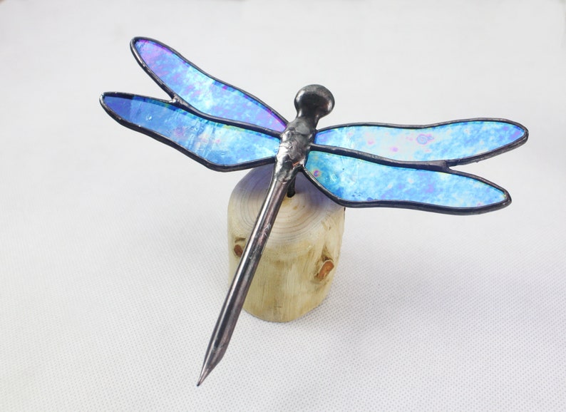 Dragonfly Stained Glass Sculpture, Blue Iridescent on Wood Base, Glass Art, Wildlife Art image 2