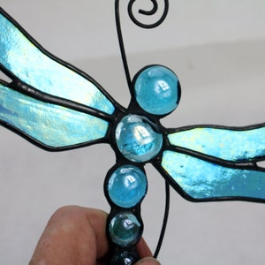 Stained Glass Dragonfly Suncatcher, Aqua Blue Iridescent, Glass Art, Wildlife Art image 3