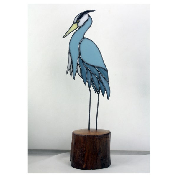 Blue Heron, Stained Glass Panel on Cherry Base, Stained Glass Bird Glass Art, Shorebirds, Beach Decor, Wildlife Art, Bird Lovers Gift