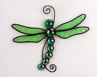 Stained Glass Dragonfly Suncatcher, Green Textured, Glass Art, Wildlife Art