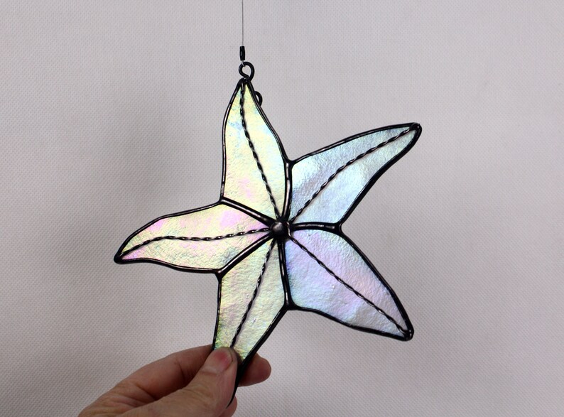 Starfish Stained Glass Suncatcher, White Iridescent, Beach Decor, Glass Art, Mermaid Gift, Gifts for Her image 1