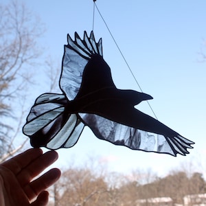 Raven Stained Glass Small Bird, Raven Art, Gothic Decor, Glass Art, Wildlife Art, Bird Lovers Gift image 1