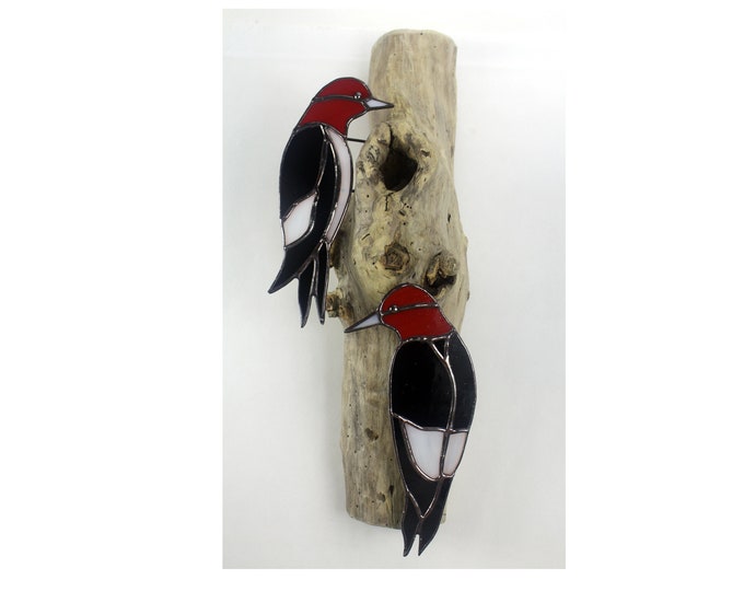 Stained Glass Red Headed Woodpeckers, Stained Glass Bird, Stained Glass