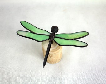 Dragonfly Stained Glass Sculpture, Green on Wood Base, Glass Art, Wildlife Art