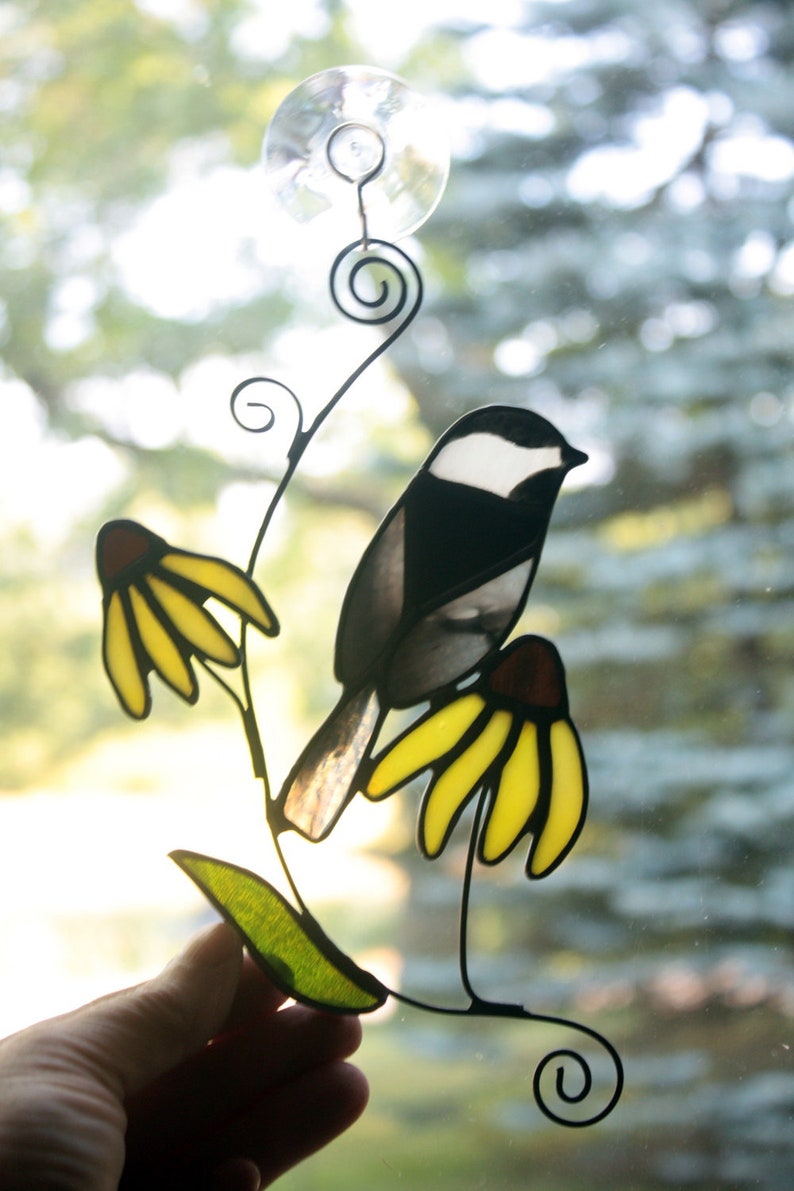 Chickadee Stained Glass Suncatcher, Stained Glass Bird, Glass Art, Wildlife Art, Bird Lovers Gift image 2