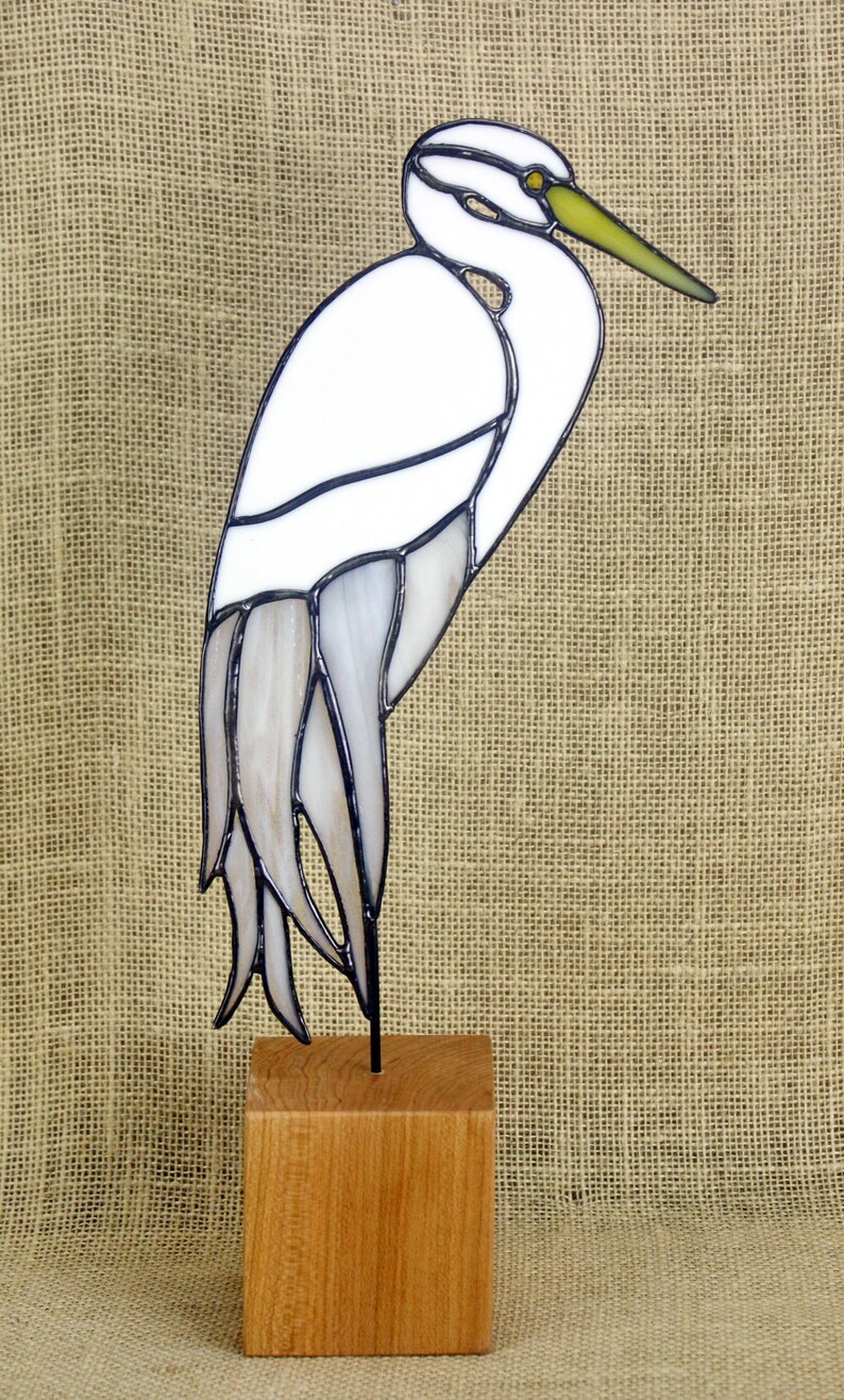 Stained Glass White Egret on Cherry Base Stained Glass Bird | Etsy