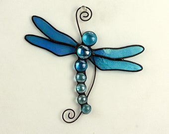 Stained Glass Dragonfly Suncatcher, Aqua Blue Iridescent, Glass Art, Wildlife Art