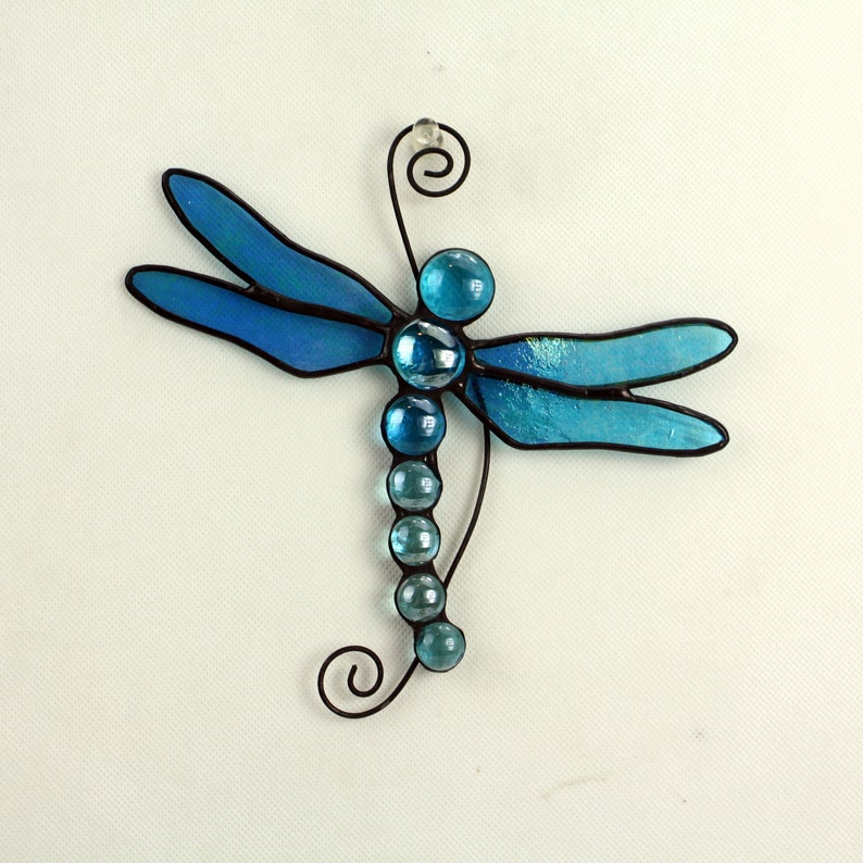 Stained Glass Dragonfly Suncatcher, Aqua Blue Iridescent, Glass Art, Wildlife Art image 1