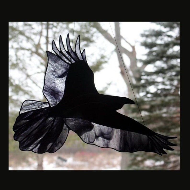 Raven Stained Glass Bird, Raven Art, Gothic Decor, Glass Art, Wildlife Art, Bird Lovers Gift image 1