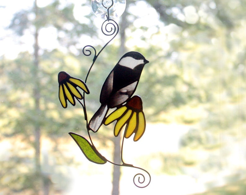 Chickadee Stained Glass Suncatcher, Stained Glass Bird, Glass Art, Wildlife Art, Bird Lovers Gift image 1