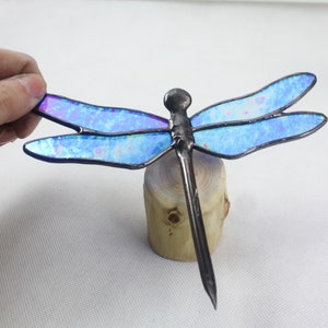 Dragonfly Stained Glass Sculpture, Blue Iridescent on Wood Base, Glass Art, Wildlife Art image 4