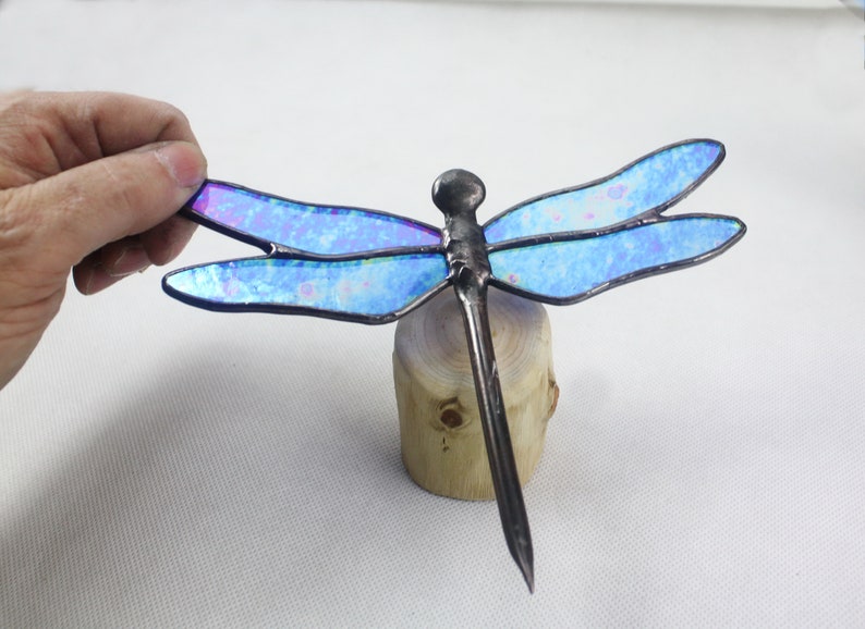 Dragonfly Stained Glass Sculpture, Blue Iridescent on Wood Base, Glass Art, Wildlife Art image 4