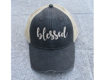 Embroidered Blessed Trucker Hat: Distressed Cotton Twill, Adjustable Snapback