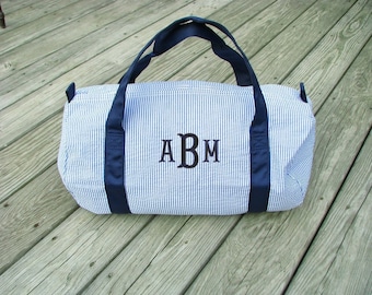 Personalized Seersucker Child Duffel Bag: Embroidered Monogram Travel Bag