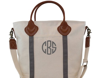 Personalized Flight Bag, Canvas Tote bag with leather top handles and monogram, Airline Tote, Airplane Tote - 6 Bag Colors