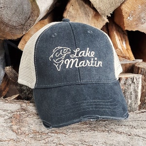 Custom Embroidered Lake Fishing Hat: Distressed Trucker Cap