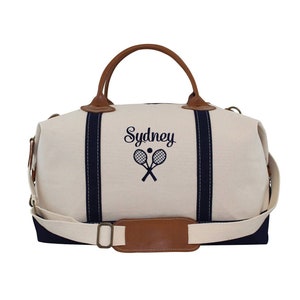 Personalized Tennis Duffle Bag: Embroidered Travel Weekender with Leather Handles