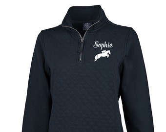 Ladies Horse Sweatshirt, Quilted Equestrian Quarter Zip, Personalized Horseback Riding Apparel, Horse Gift, Equestrian Pull Over Sweatshirt