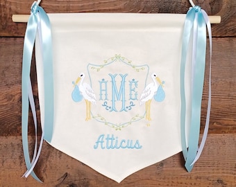 Monogrammed Baby Banner: Embroidered Stork, Nursery Decor