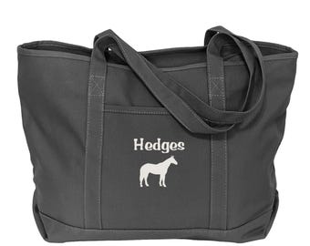 Personalized Equestrian Tote: Embroidered Horse Barn Bag with Zipper, Show Jumping Gift