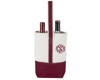 Wine Tote Bag, Canvas Monogram Wine Tote, Personalized Wine Tote, Navy Wine Tote, Crimson Wine Tote, Wine Gift