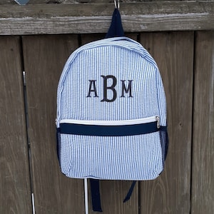 Navy Seersucker Backpack for kids, new baby gift, seersucker backpack monogrammed, monogram backpack for child, child size backpack with monogram