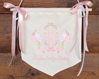 Personalized Stork Baby Banner: Embroidered Monogram Canvas Hospital Door Hanger