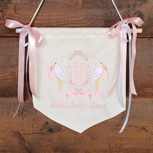 Personalized Stork Baby Banner: Embroidered Monogram Canvas Hospital Door Hanger