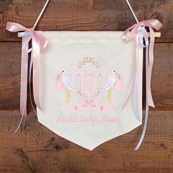 Welcome Baby Banner, New Baby Banner, Personalized Baby Door Hanger, Monogrammed Stork Baby Banner, Baby Door Hanger for Hospital