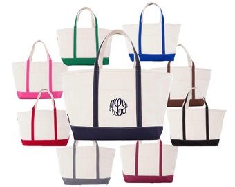 Large Monogrammed Canvas Tote Bag with Zipper Closure, Personalized Canvas Tote Bag with Zipper Top,  9 Colors