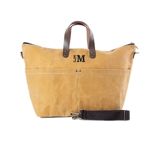 Monogrammed Waxed Canvas Travel Tote: Leather Handles, Weekender Duffel