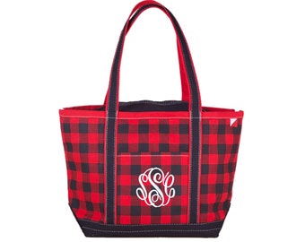 Buffalo Plaid Tote Bag, Monogram Tote Bag,  Christmas Tote Bag, Holiday Tote Bag, Red and Black Plaid Tote Bag Personalized