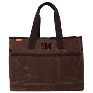 Monogrammed Waxed Canvas Utility Tote Bag: Water Resistant Garden & Grocery Carryall